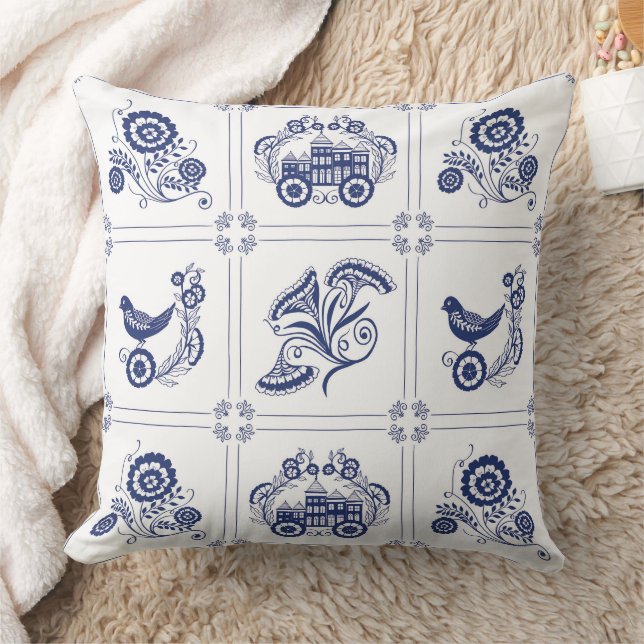 Classic Dutch Blue Delft Tile Floral & Bird Kissen (Decke)