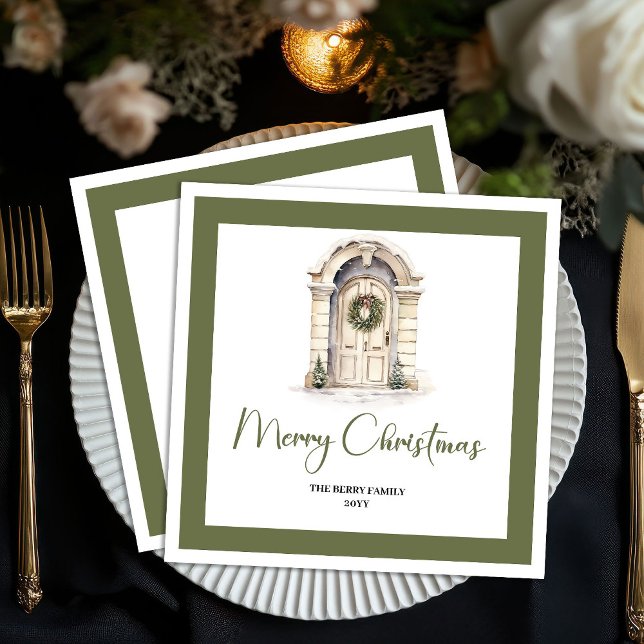 Classic Earth Tone Christmas Door Custom Name Serviette (Classic Earth Tone Christmas Tree Custom Name Napkins)