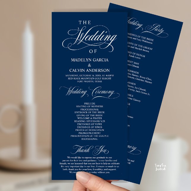 Classic Elegance Gold Script, Hochzeitsfeier Programm (Classic Elegance, Wedding Ceremony Program, Ceremony and Thank you in Classy Navy Blue)