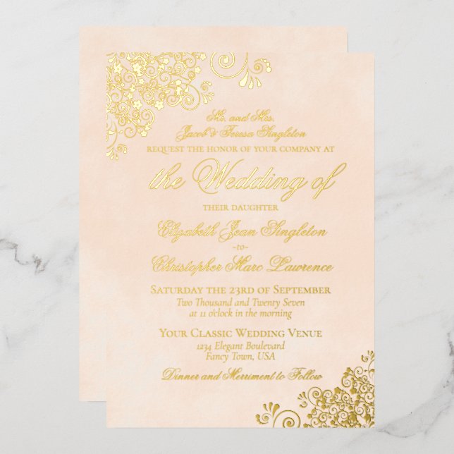 Classic Elegance Marbled Peach Formal Wedding Gold Folieneinladung (Vorderseite/Rückseite)