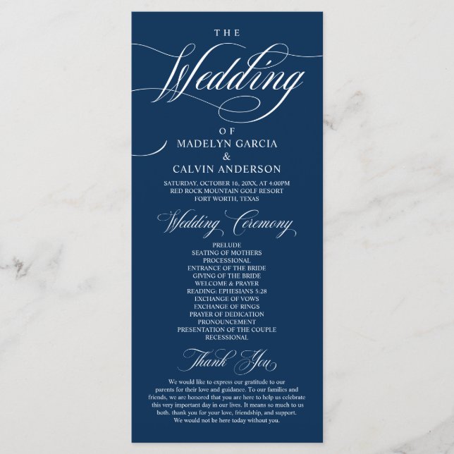 Classic Elegance Navy Blue, Hochzeitfeier Prog Programm (Vorderseite)