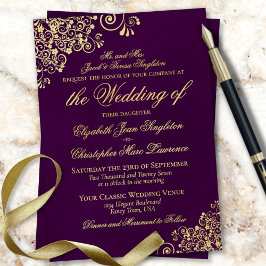 Classic Elegance Plum Lila formale Hochzeit Gold Folieneinladung