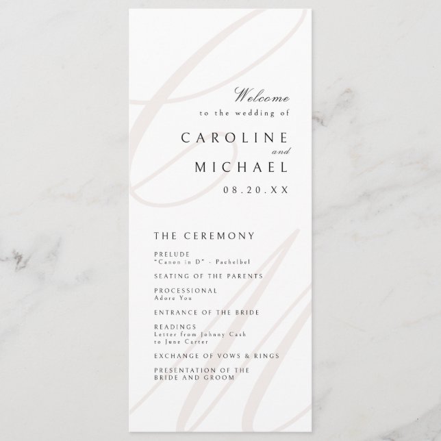Classic Elegance Script Monogram Wedding Program Menükarte (Vorderseite)