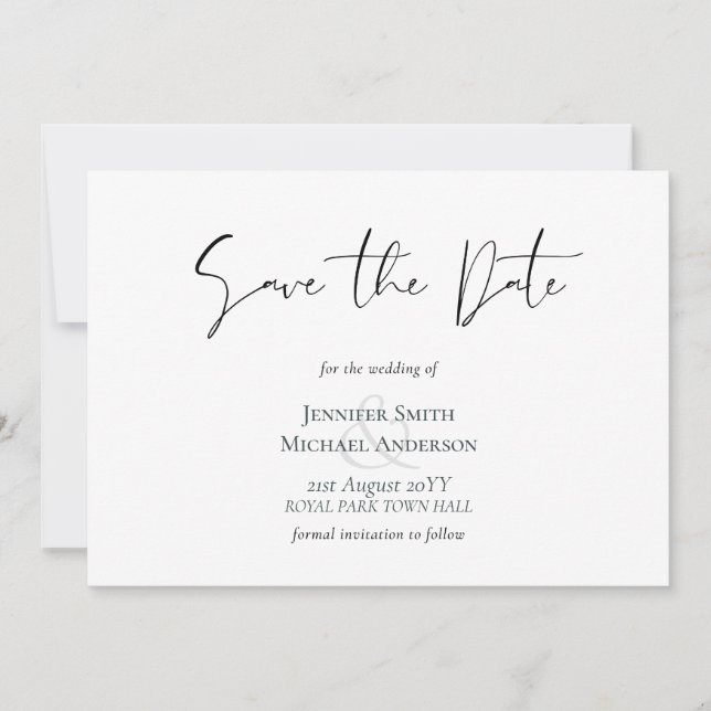 Classic Elegance White Script Save the Date Budget (Vorderseite)