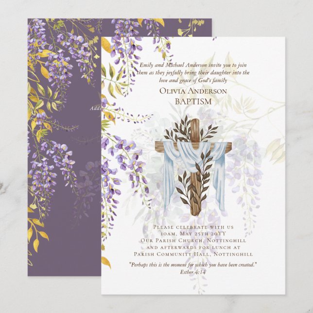 Classic Elegant BAPTISM Einladung Wisteria Lila (Vorne/Hinten)