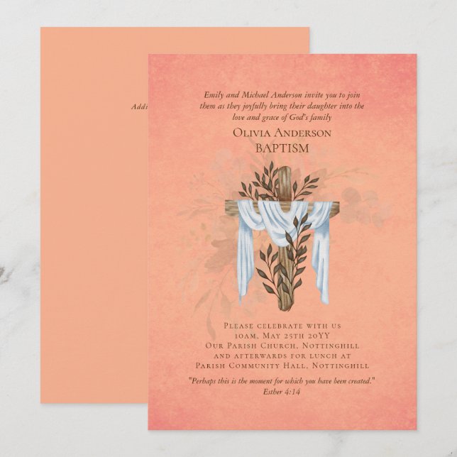 Classic Elegant BAPTISM Invite Coral (Vorne/Hinten)
