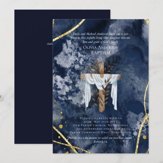 Classic Elegant BAPTISM Invite Navy Blue Gold (Vorne/Hinten)
