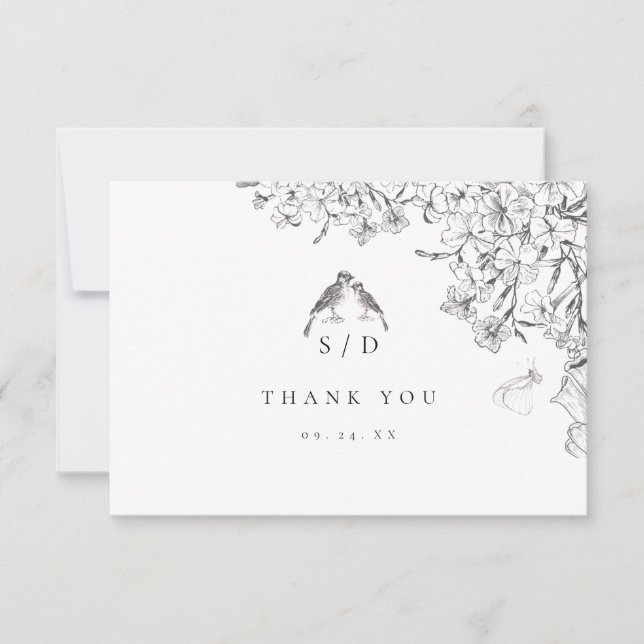 Classic Elegant Black White Floral Wedding  Dankeskarte (Vorderseite)