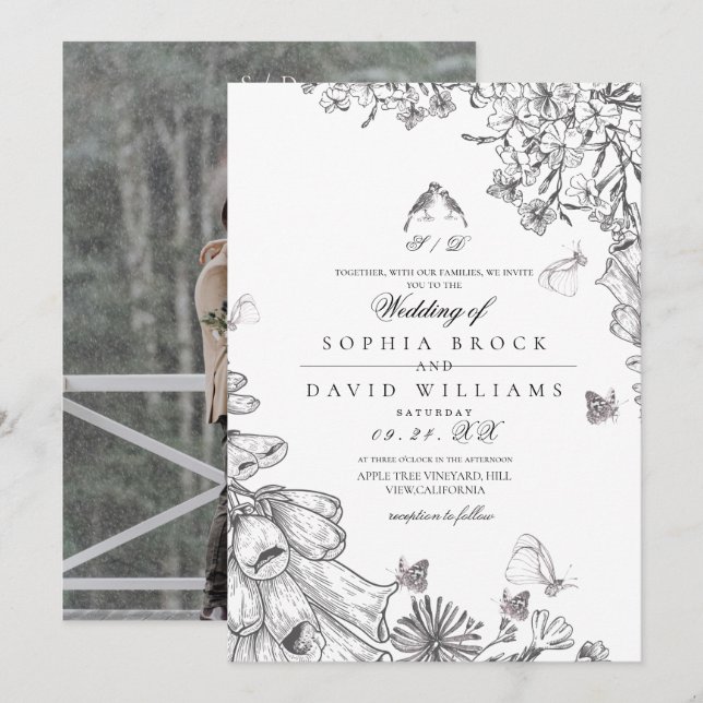 Classic Elegant Black White Floral Wedding  Einladung (Vorne/Hinten)