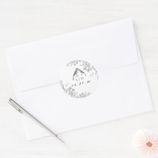 Classic Elegant Black White Floral Wedding  Runder Aufkleber (Umschlag)