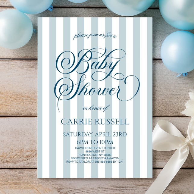 Classic Elegant Blue Stripes Boy Baby Shower Einladung (Von Creator hochgeladen)