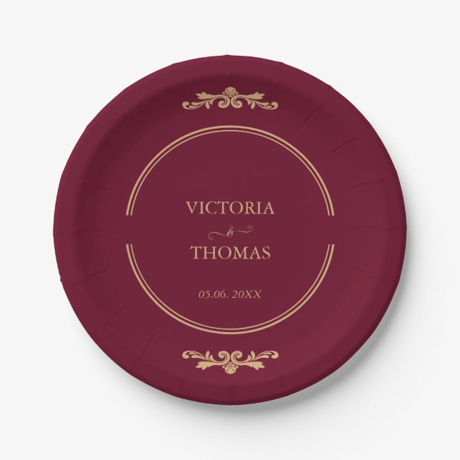 Classic Elegant Burgundy & Gold Wedding  Pappteller (Vorderseite)