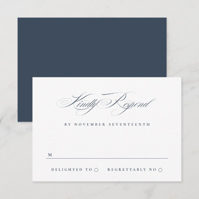 Classic Elegant Calligraphy Navy Blue Wedding RSVP Karte (Vorne/Hinten)