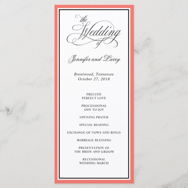 Classic Elegant Calligraphy Script Wedding Coral Programm (Vorderseite)