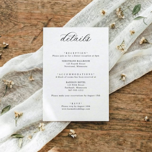 Classic Elegant Calligraphy Wedding Details Begleitkarte (Classic black and white wedding details card with elegant calligraphy and traditional script)