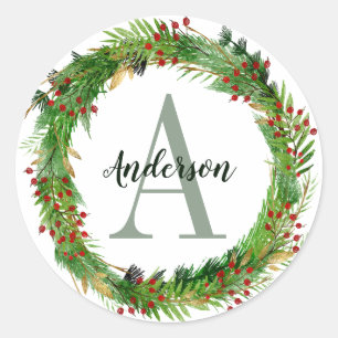 Classic Elegant Christmas Wreath Monogram Initial Runder Aufkleber