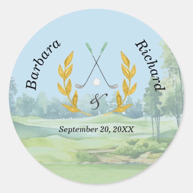 Classic Elegant Custom Golf Theme Wedding Runder Aufkleber (Vorderseite)