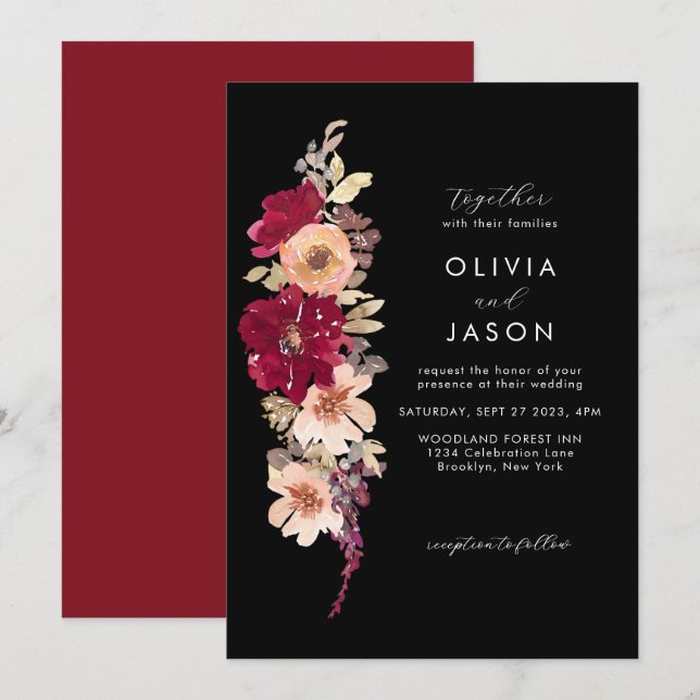 Classic Elegant Dark Burgundy Plum Floral Wedding Einladung (Vorne/Hinten)