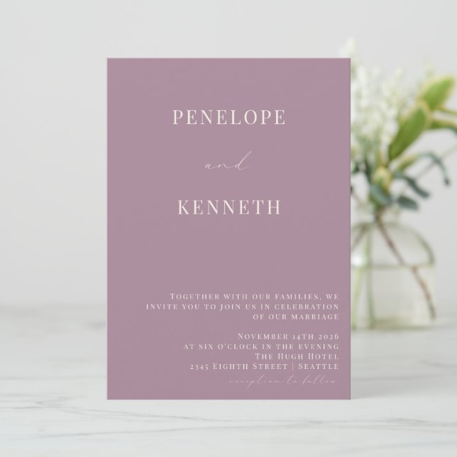 Classic Elegant Dusty Lila Script Wedding Einladung (Stehend Vorderseite)