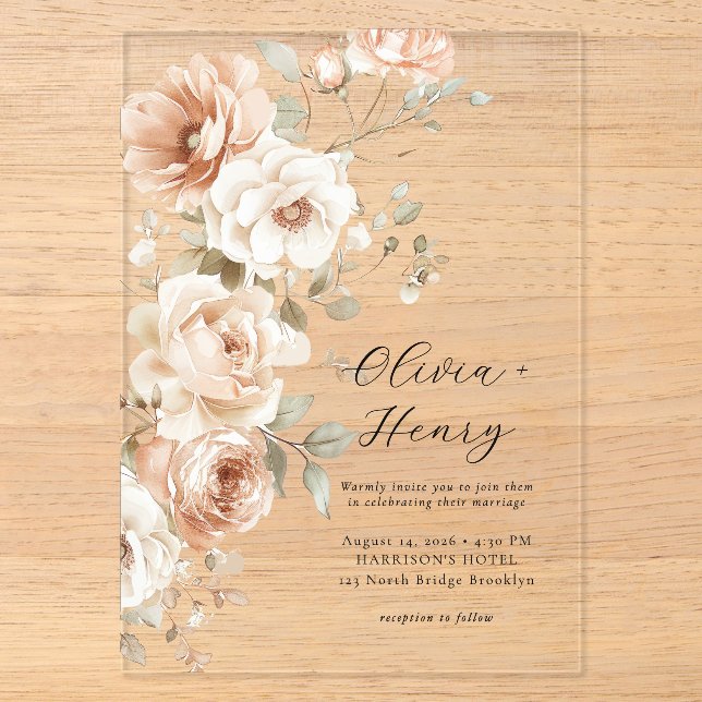 Classic Elegant Floral Acrylic Wedding Invitation Acryleinladungen (Vorderseite)