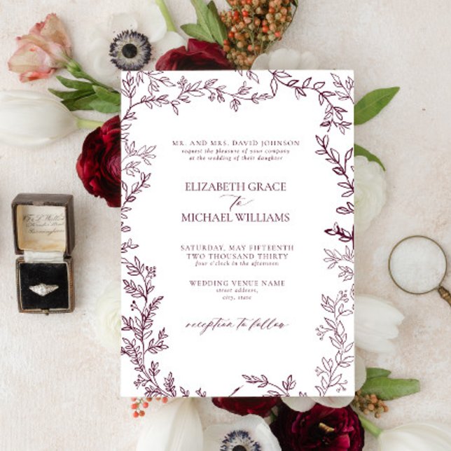Classic Elegant Formal Burgundy Leafy Wedding Einladung (Von Creator hochgeladen)