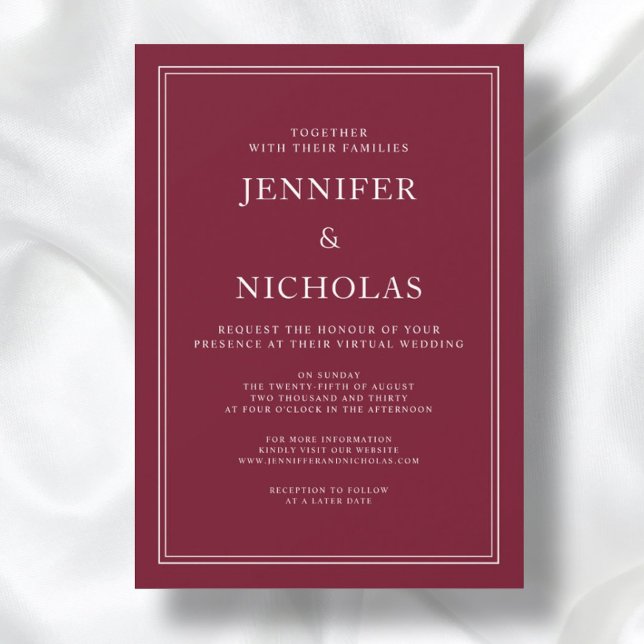 Classic Elegant Formal Burgundy Virtual Wedding Einladung (Front / Classic Elegant Formal Burgundy Virtual Wedding Invitation)