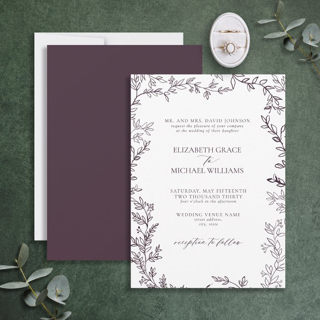 Classic Elegant Formal Plum Lila Leafy Wedding Einladung (Von Creator hochgeladen)