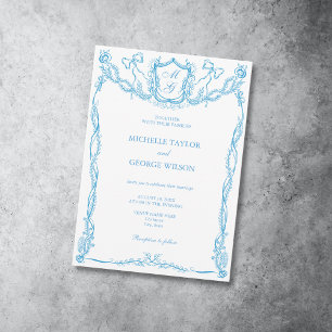 Classic Elegant French Blue Wappen Monogram Bow Einladung