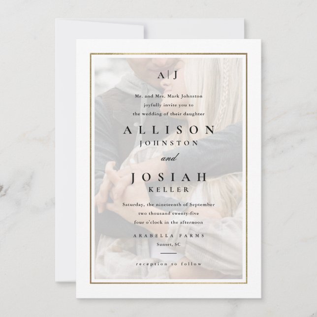 Classic Elegant Gold Foto Wedding Einladung (Vorderseite)