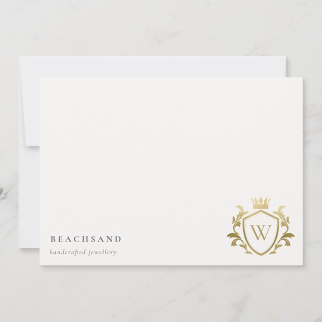 Classic Elegant Gold Monogram Floral Crown Wappen Mitteilungskarte (Vorderseite)