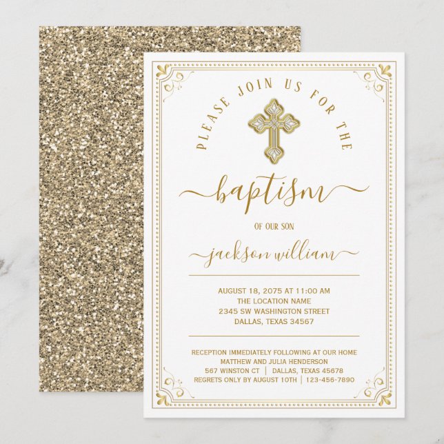 Classic Elegant Gold Taufe Einladung (Vorne/Hinten)