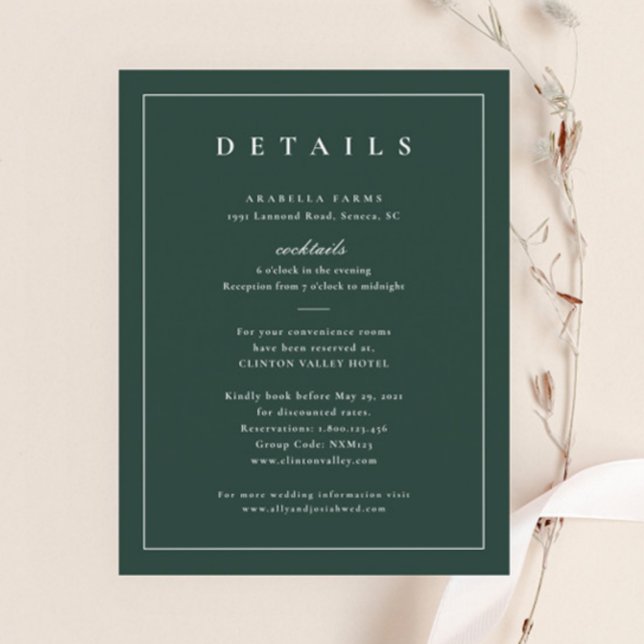 Classic Elegant Green Wedding Details Begleitkarte (Elegant Dark Green Wedding Details Enclosure Card.)