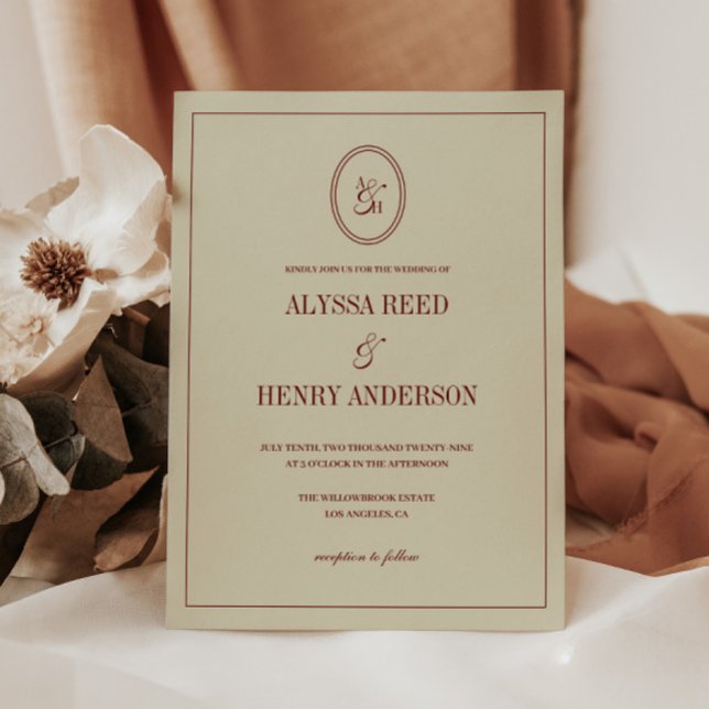 Classic Elegant Ivory & Wine Red Monogram Wedding Einladung (Von Creator hochgeladen)