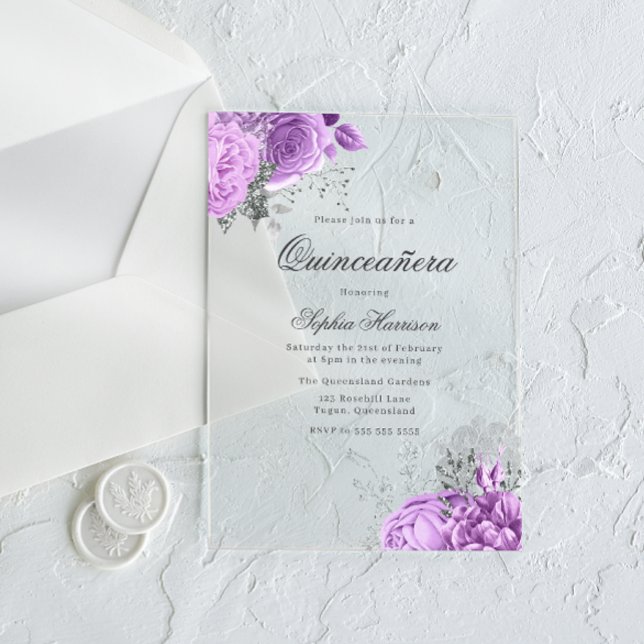 Classic Elegant Lavender Rose & Silver Quinceanera Acryleinladungen (Von Creator hochgeladen)