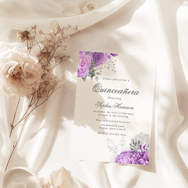 Classic Elegant Lavender Rose & Silver Quinceanera Einladung (Von Creator hochgeladen)