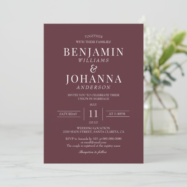 Classic Elegant Maroon Red Wedding Einladung (Stehend Vorderseite)