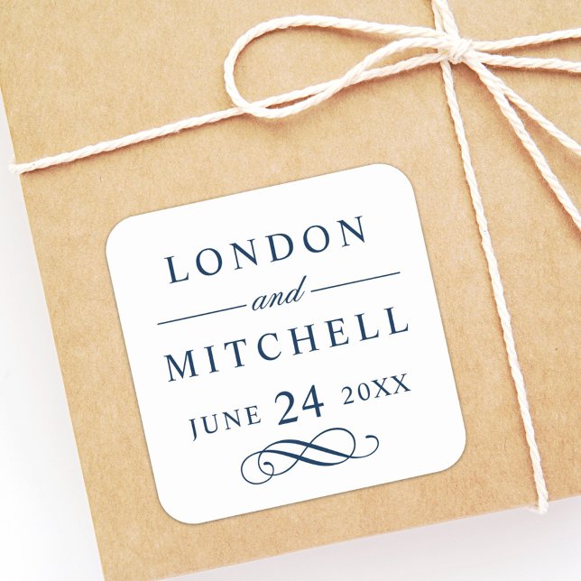 Classic Elegant Navy Blue Custom Wedding Monogram Quadratischer Aufkleber (Von Creator hochgeladen)