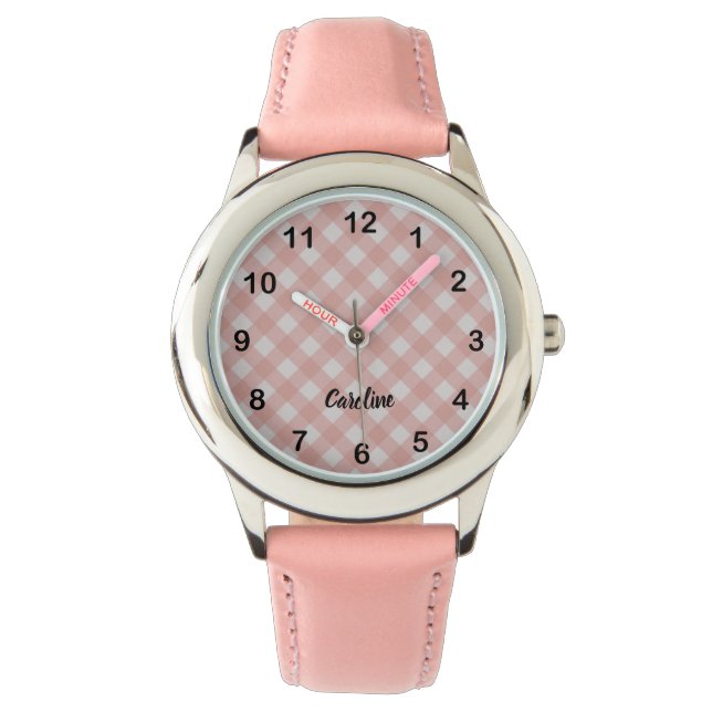 Classic Elegant Pink Gingham Plaid & Custom Name Armbanduhr (Vorderseite)