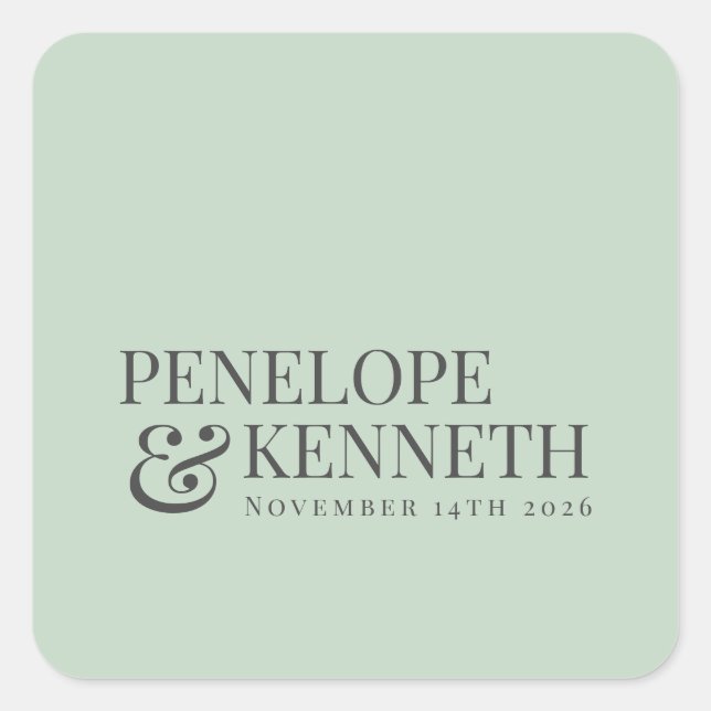 Classic Elegant Pistachio Custom Wedding Names Quadratischer Aufkleber (Vorderseite)