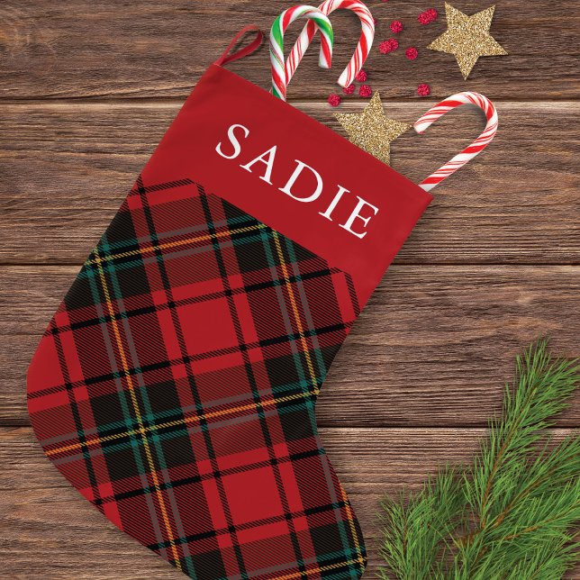 Classic Elegant Red Tartan Holiday mit Namen Großer Weihnachtsstrumpf (Von Creator hochgeladen)