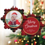 Classic Elegant Red Tartan Plaid Photo Christmas  Ornament Karte<br><div class="desc">These wonderful paper ornament cards feature a classic red tartan / plaid background. On the front of the card is a simple round photo shape. On the back is an EDITABLE script greeting in white with your text in a classic serif font. These ornaments make a fabulous holiday card that...</div>