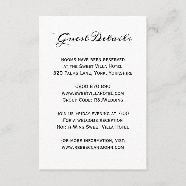 Classic Elegant Wedding Guest Hotel Details Card Begleitkarte (Vorderseite)