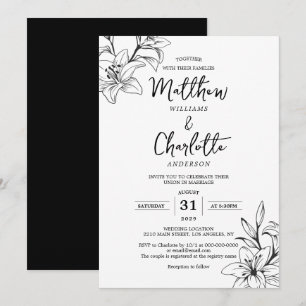 Classic Elegante Lily Blume Schwarz & Weiß Hochzei Einladung
