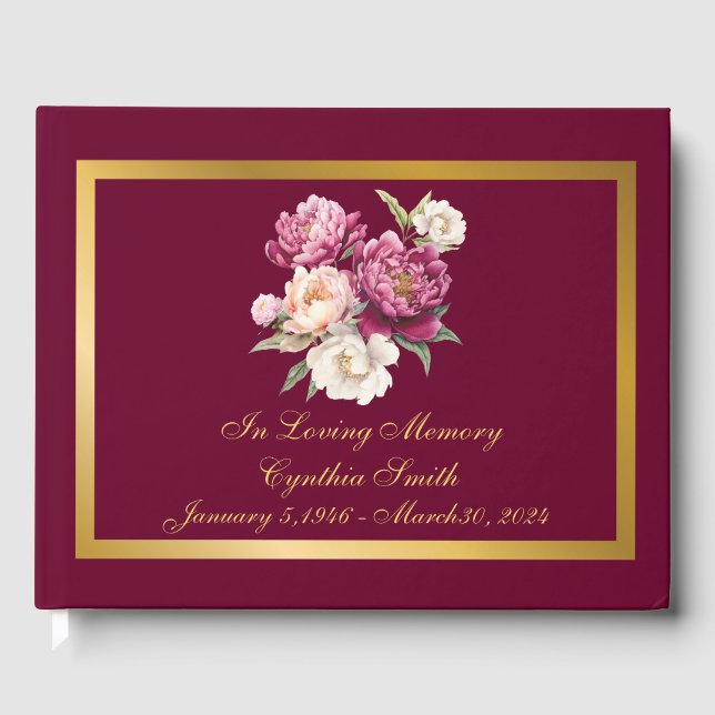 Classic, Elegante Peony Memorial Funeral Gästebuch (Vorderseite)