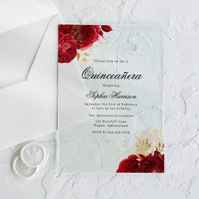 Classic Elegante Rote Rose & Gold Quinceanera Acryleinladungen (Von Creator hochgeladen)