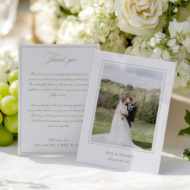 Classic Elegante Sage Green Wedding Foto Dankeskarte (Classic Elegant Sage Green Wedding Photo Thank You Card)