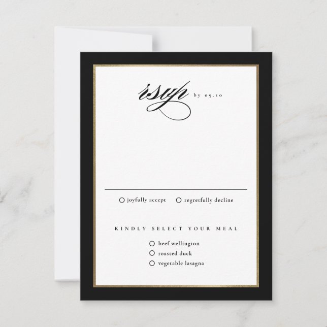 Classic Elegante Script Black and Gold Wedding RSVP Karte (Vorderseite)
