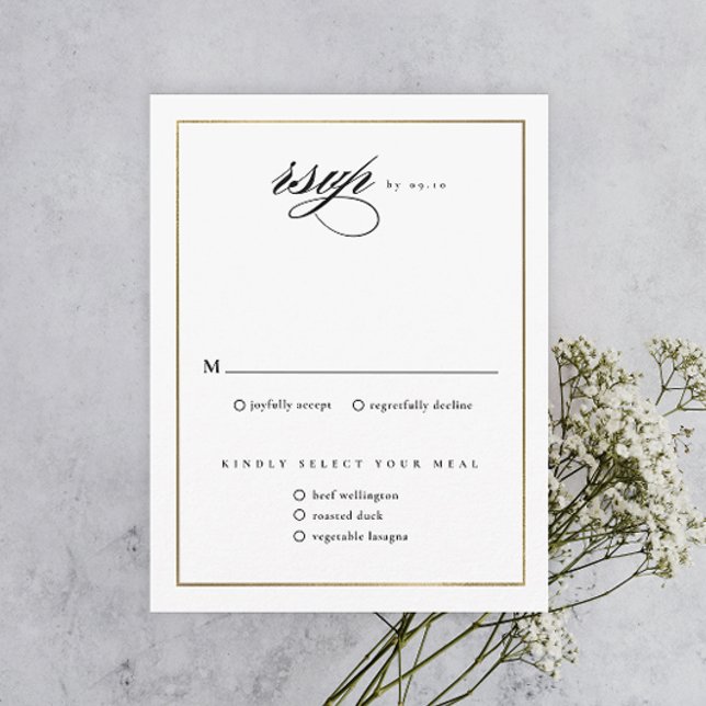 Classic Elegante Script Gold Wedding RSVP Karte (Elegant calligraphy wedding invitation RSVP enclosure card.)