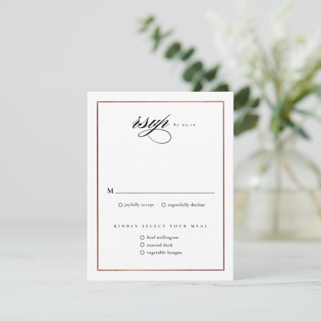 Classic Elegante Script Rose Gold Wedding RSVP Karte (Stehend Vorderseite)
