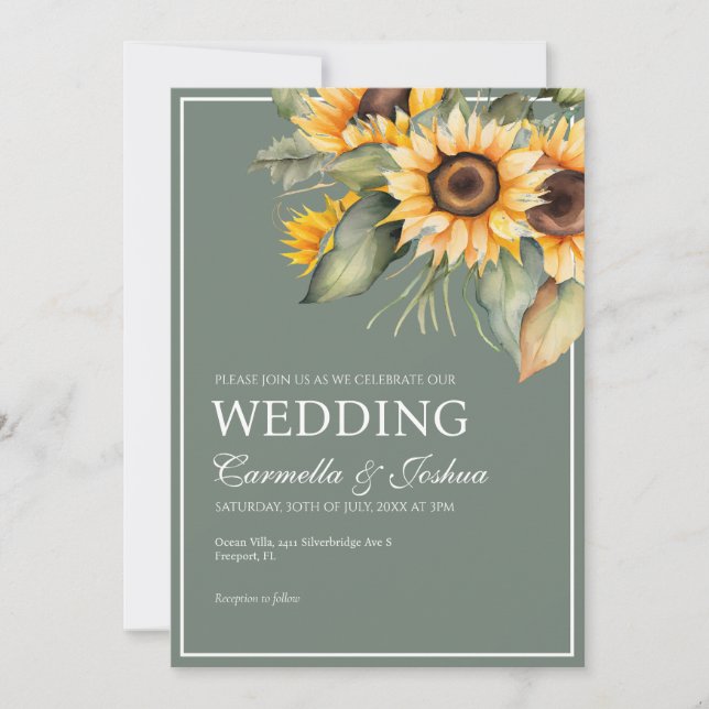 Classic Elegante Watercolor Sonnenblumen Hochzeit Einladung (Vorderseite)